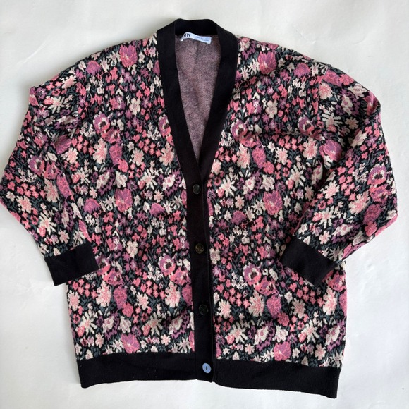 Zara Sweaters - Zara Floral Jacquard Knit Cardigan Sweater Pink Black V-Neck Size Large L